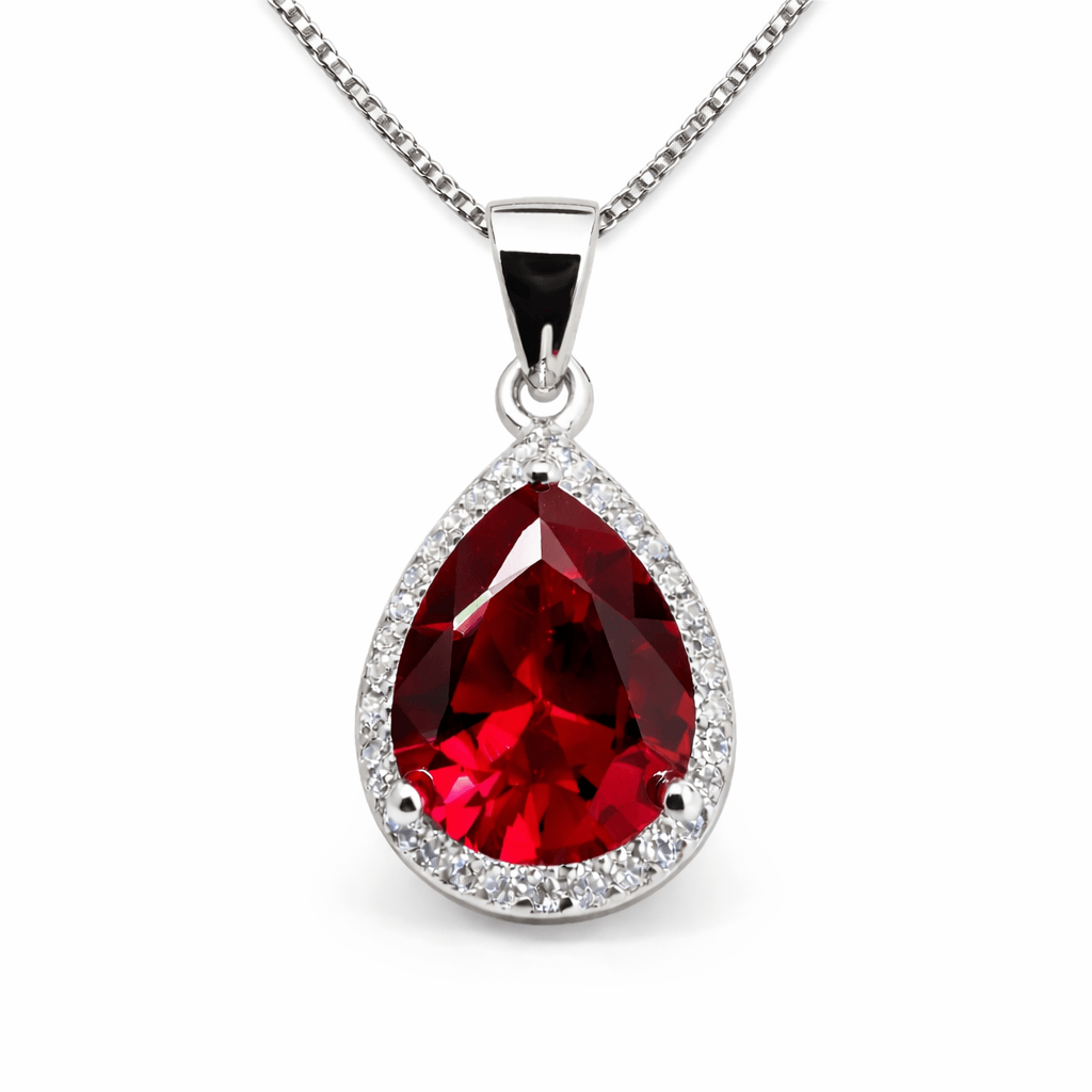 Red Teardrop Crystal Pendant Silver Tone Halo Statement Elegant Jewellery