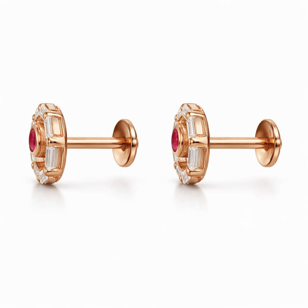 Rose Gold-Tone Halo Stud Earrings with Ruby-Like Center and Baguette CZ