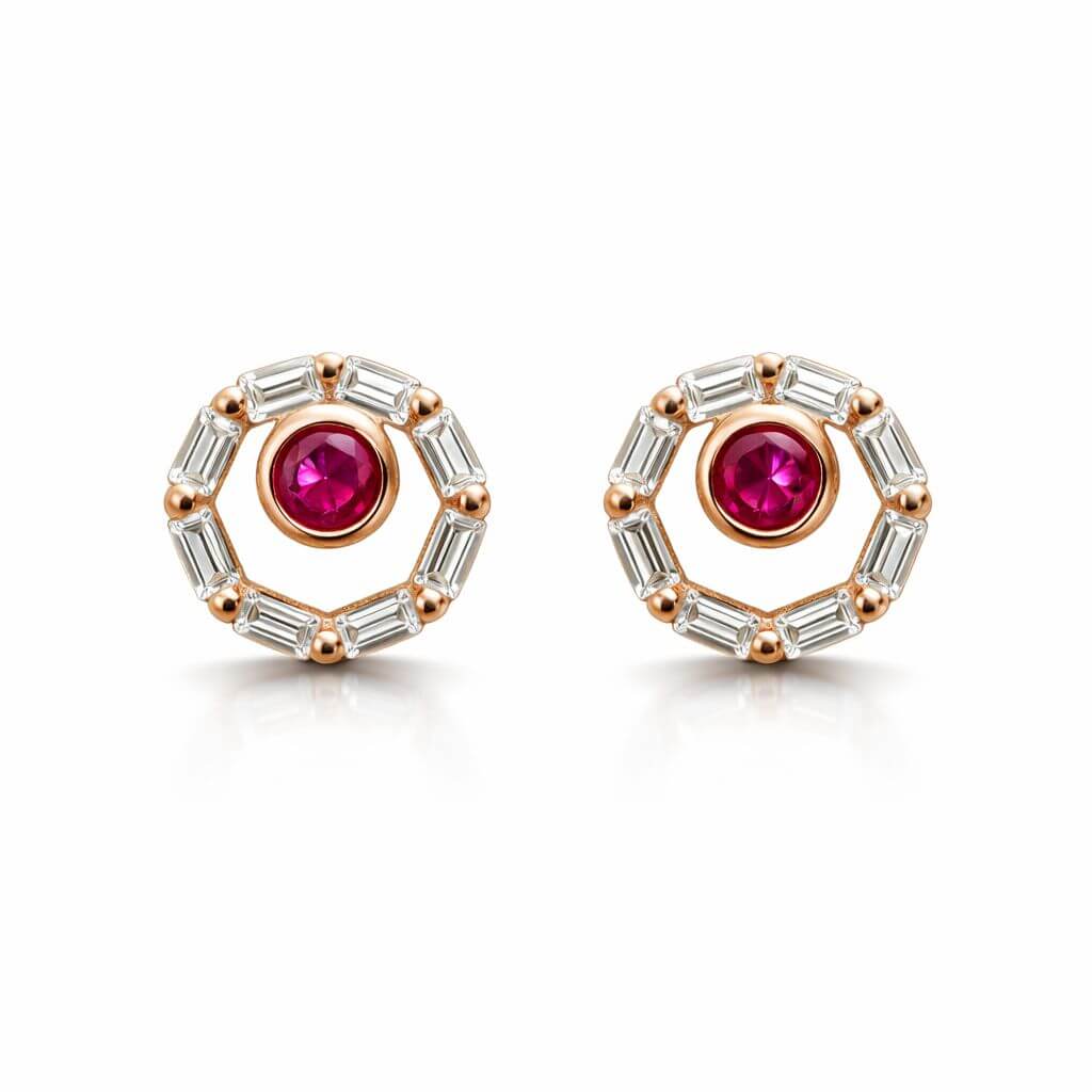 Rose Gold-Tone Halo Stud Earrings with Ruby-Like Center and Baguette CZ