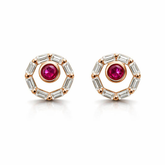 Rose Gold-Tone Halo Stud Earrings with Ruby-Like Center and Baguette CZ