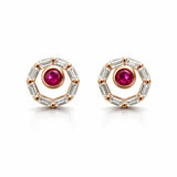 Rose Gold-Tone Halo Stud Earrings with Ruby-Like Center and Baguette CZ