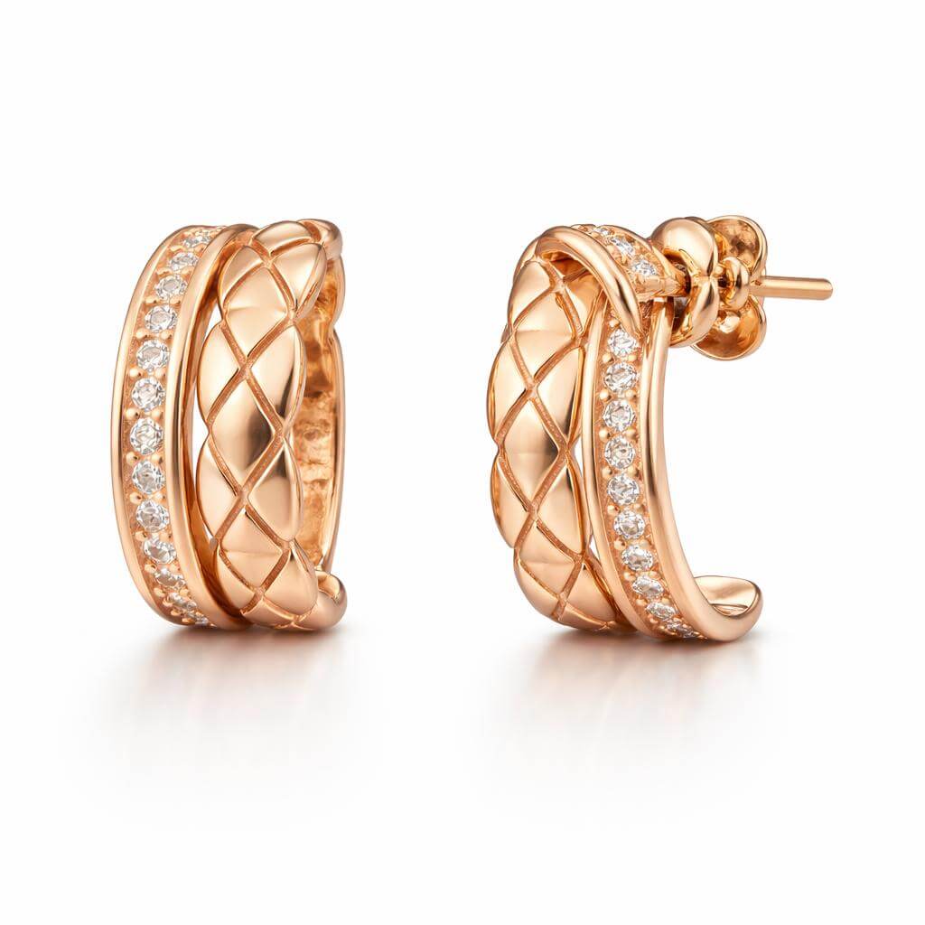 Rose Gold-Tone Textured Hoop Earrings with CZ Accent Dual Band Design