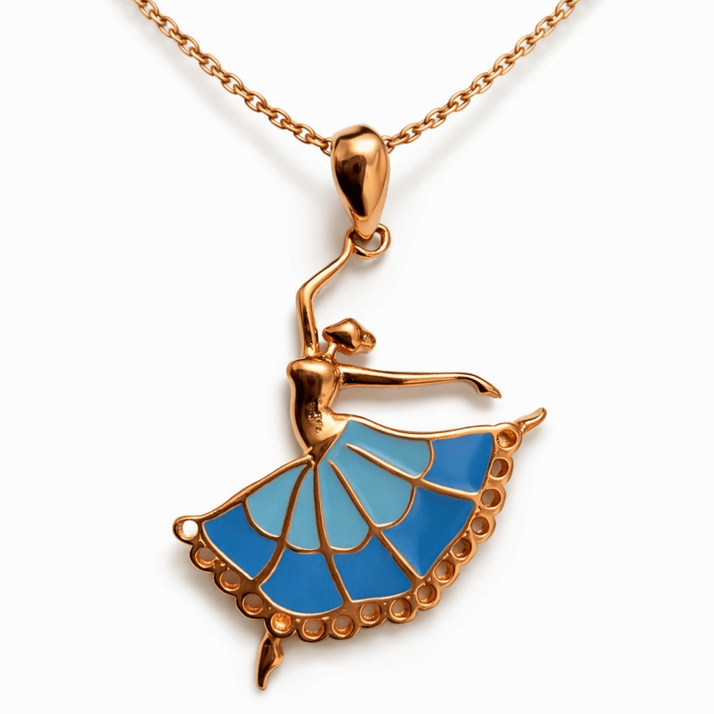 Rose Gold Tone Ballerina Pendant with Blue Enamel Dress Design