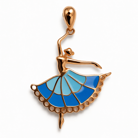 Rose Gold Tone Ballerina Pendant with Blue Enamel Dress Design