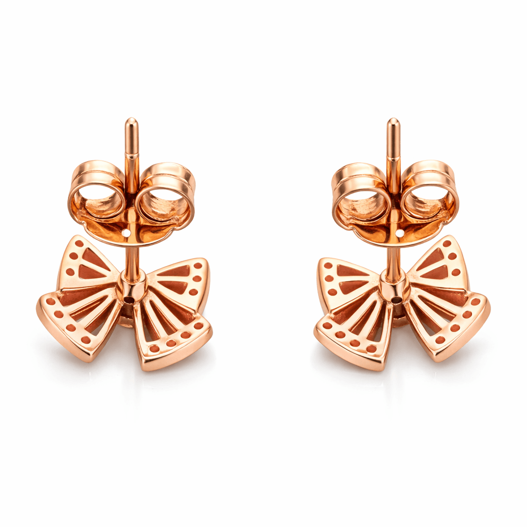 Rose Gold Tone Bow Stud Earrings with Pearl and CZ Accents