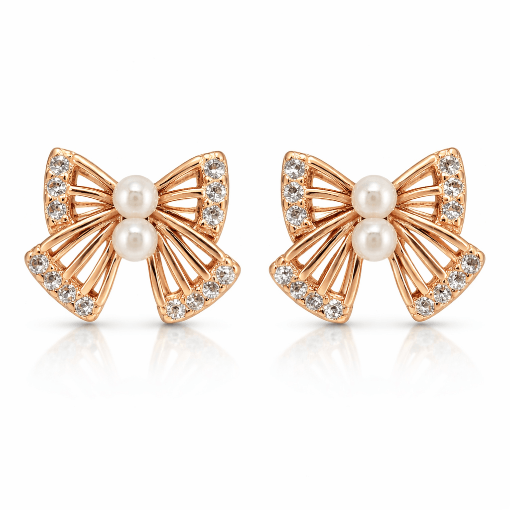 Rose Gold Tone Bow Stud Earrings with Pearl and CZ Accents