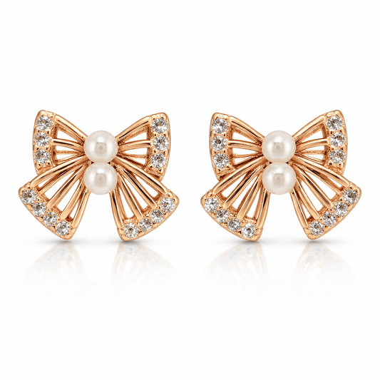 Rose Gold Tone Bow Stud Earrings with Pearl and CZ Accents