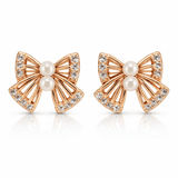 Rose Gold Tone Bow Stud Earrings with Pearl and CZ Accents
