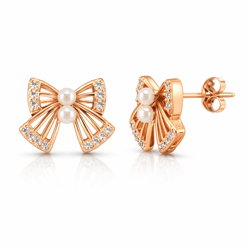 Rose Gold Tone Bow Stud Earrings with Pearl and CZ Accents