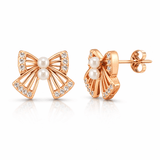 Rose Gold Tone Bow Stud Earrings with Pearl and CZ Accents