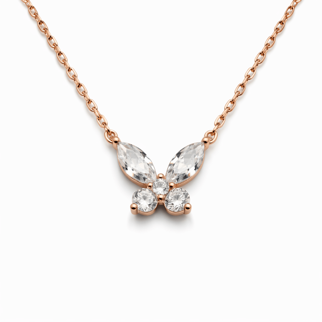 Rose Gold Tone Butterfly Pendant Necklace with Sparkling CZ Stones