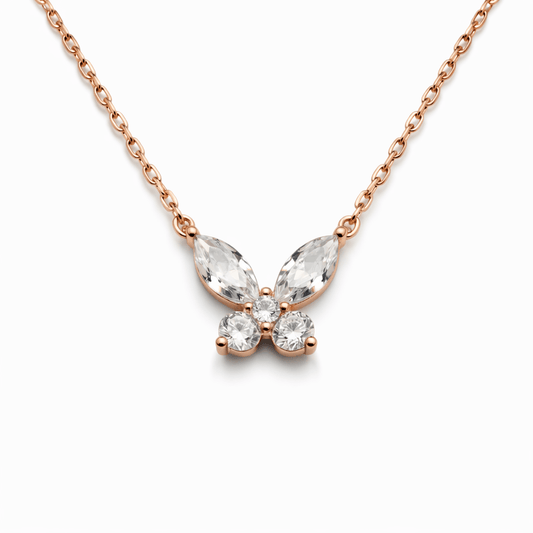 Rose Gold Tone Butterfly Pendant Necklace with Sparkling CZ Stones