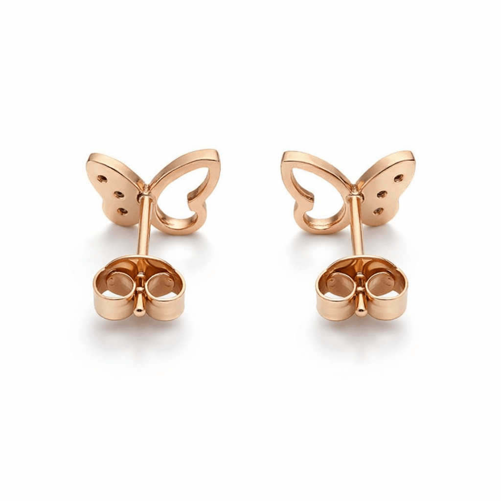 Rose Gold Tone Butterfly Stud Earrings with Pink CZ Stone Accents