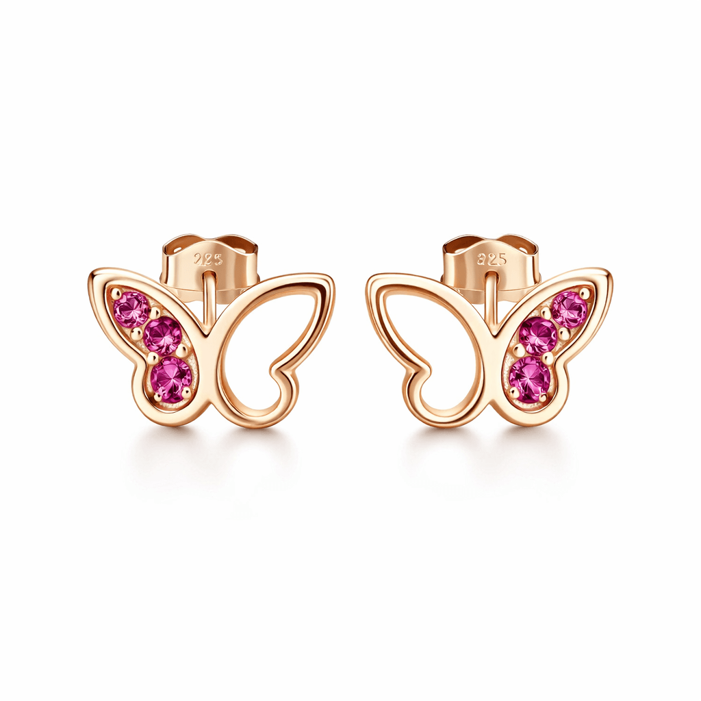 Rose Gold Tone Butterfly Stud Earrings with Pink CZ Stone Accents