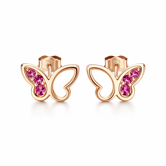 Rose Gold Tone Butterfly Stud Earrings with Pink CZ Stone Accents