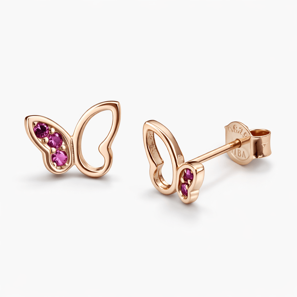 Rose Gold Tone Butterfly Stud Earrings with Pink CZ Stone Accents
