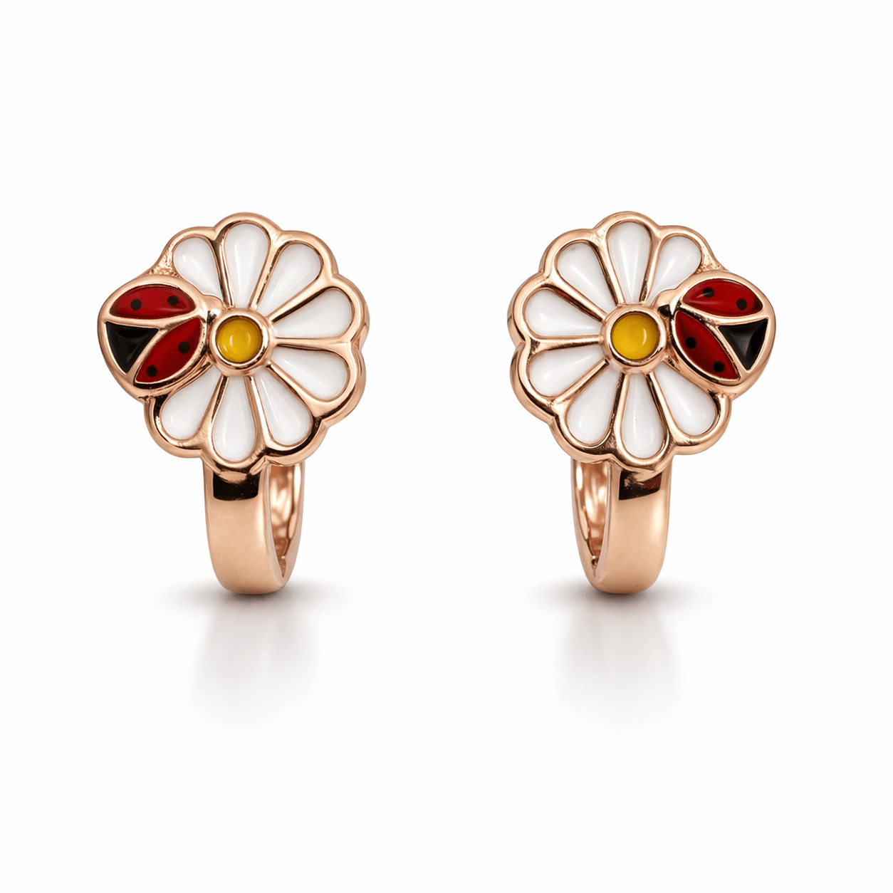 Rose Gold Tone Daisy Flower Earrings with Ladybug Enamel Detail