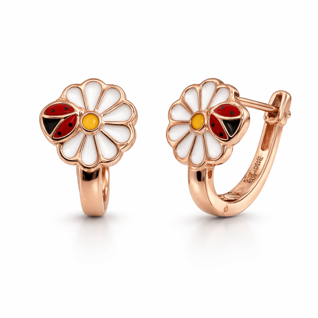 Rose Gold Tone Daisy Flower Earrings with Ladybug Enamel Detail