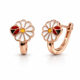 Rose Gold Tone Daisy Flower Earrings with Ladybug Enamel Detail