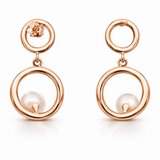 Rose Gold Tone Double Circle Drop Earrings with CZ and Pearl Accent