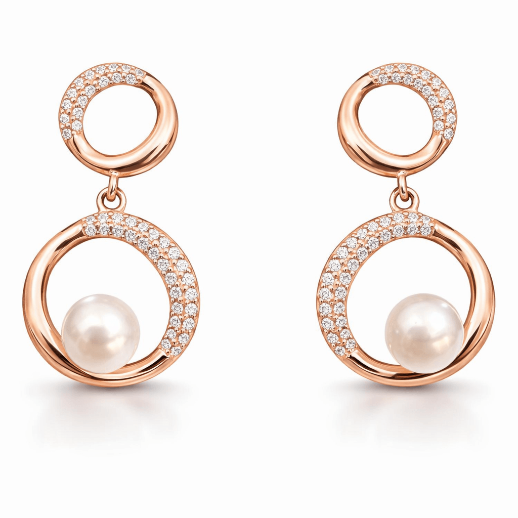 Rose Gold Tone Double Circle Drop Earrings with CZ and Pearl Accent