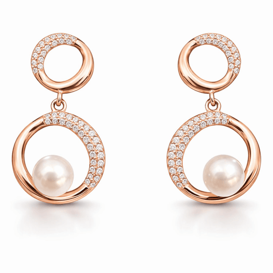 Rose Gold Tone Double Circle Drop Earrings with CZ and Pearl Accent