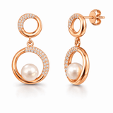 Rose Gold Tone Double Circle Drop Earrings with CZ and Pearl Accent