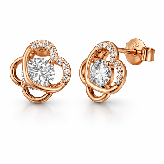 Rose Gold Tone Double Heart Stud Earrings with CZ Halo and Solitaire