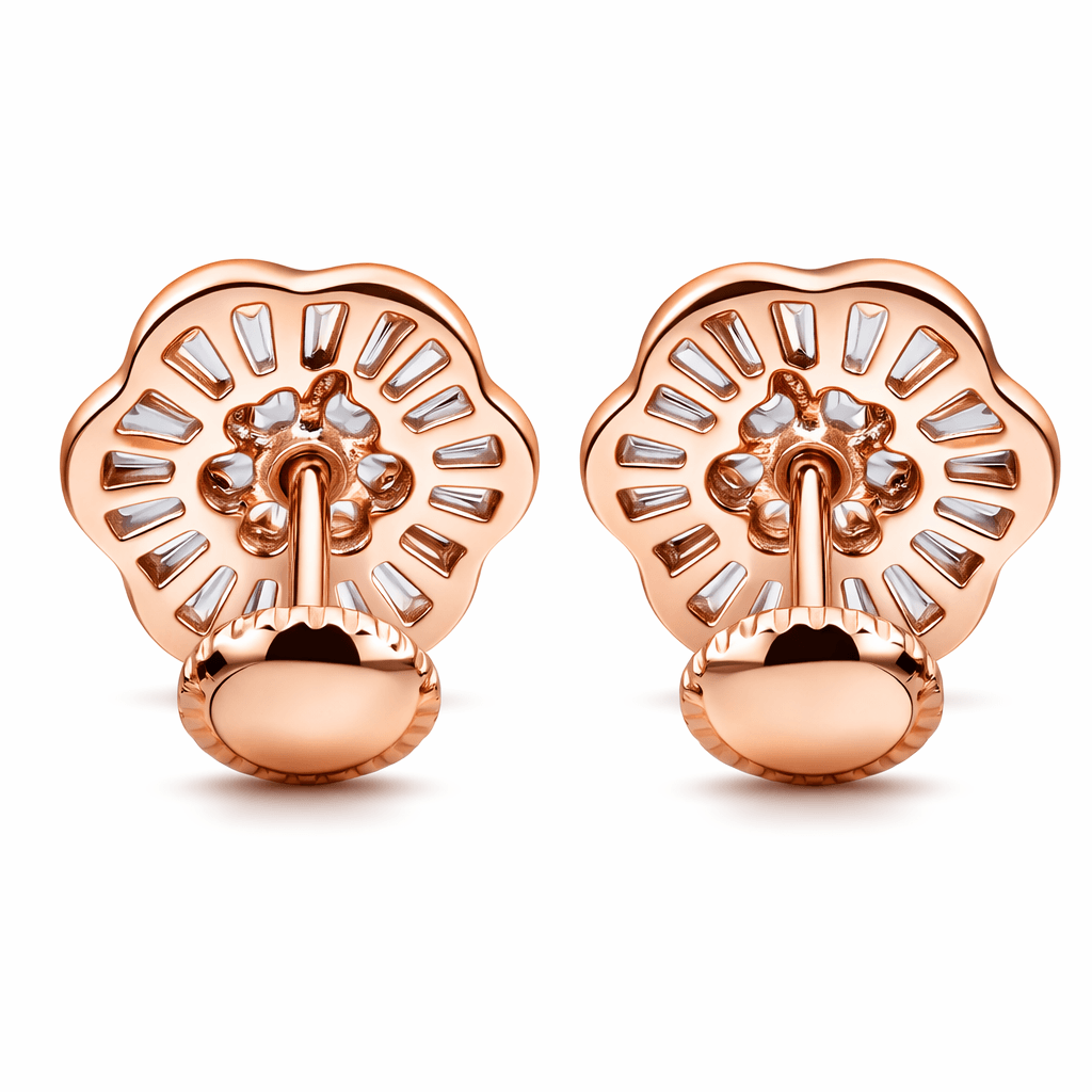 Rose Gold Tone Floral Stud Earrings with CZ Cluster and Radiant Halo Design