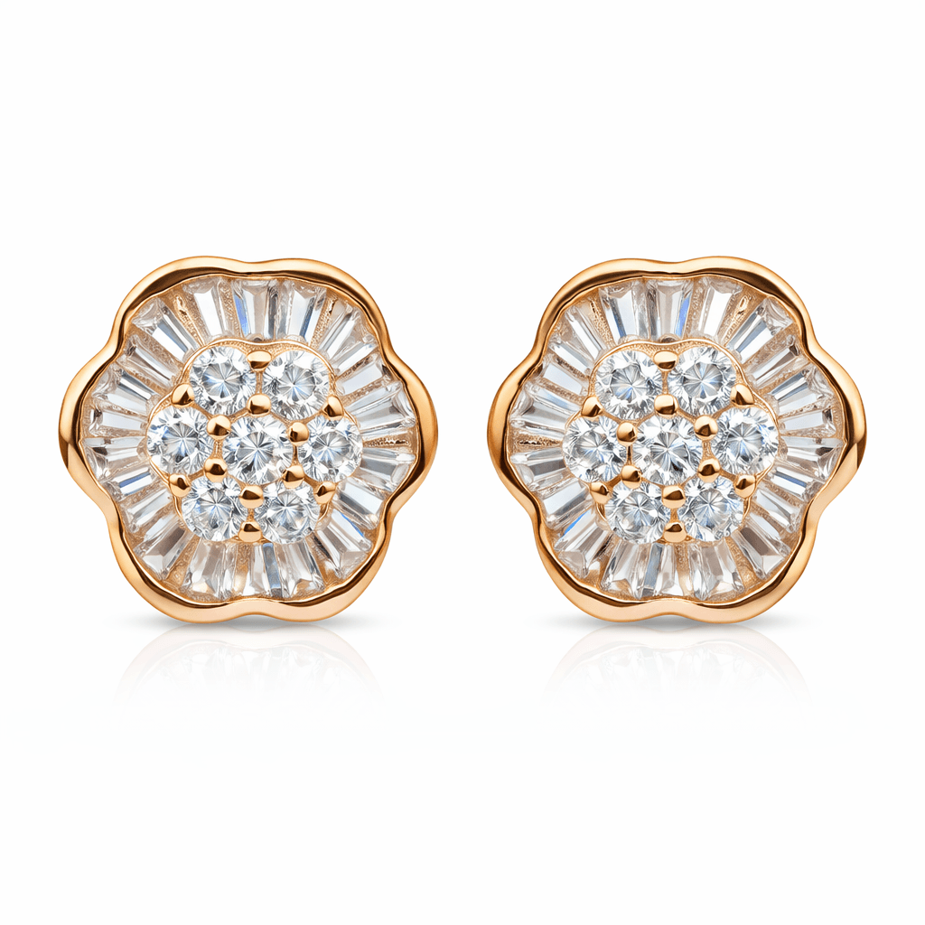 Rose Gold Tone Floral Stud Earrings with CZ Cluster and Radiant Halo Design