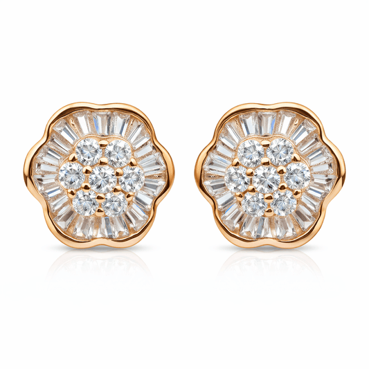 Rose Gold Tone Floral Stud Earrings with CZ Cluster and Radiant Halo Design