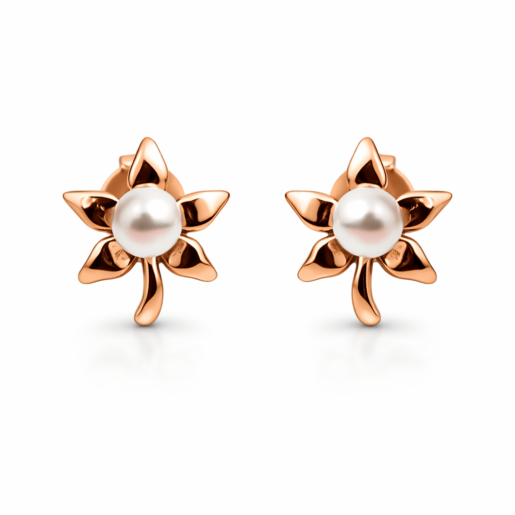 Rose Gold Tone Floral Stud Earrings with Pearl Center Elegant Design