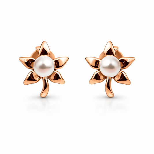 Rose Gold Tone Floral Stud Earrings with Pearl Center Elegant Design
