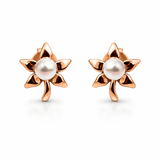 Rose Gold Tone Floral Stud Earrings with Pearl Center Elegant Design