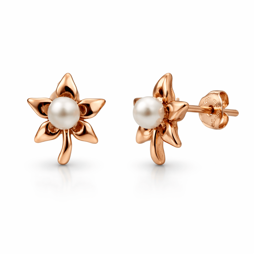 Rose Gold Tone Floral Stud Earrings with Pearl Center Elegant Design