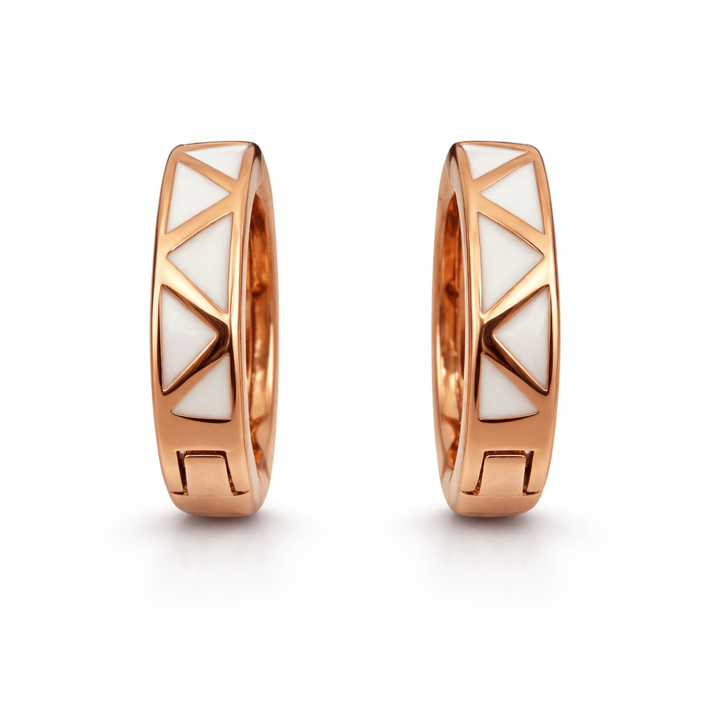 Rose Gold Tone Geometric Hoop Earrings with White Enamel Triangle Design