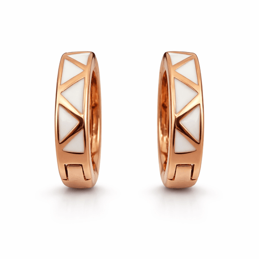 Rose Gold Tone Geometric Hoop Earrings with White Enamel Triangle Design