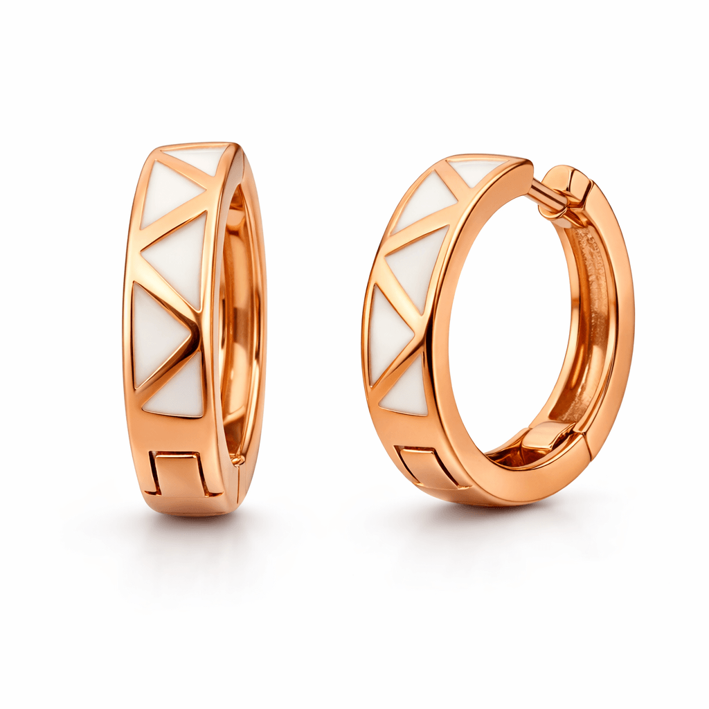 Rose Gold Tone Geometric Hoop Earrings with White Enamel Triangle Design