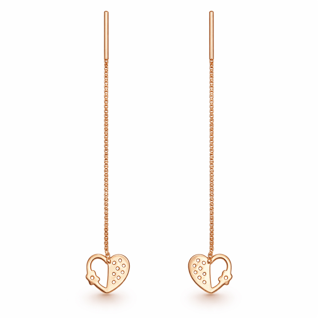 Rose Gold Tone Heart Threader Earrings with CZ Accent and Chain Drop