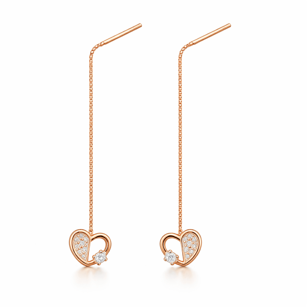 Rose Gold Tone Heart Threader Earrings with CZ Accent and Chain Drop
