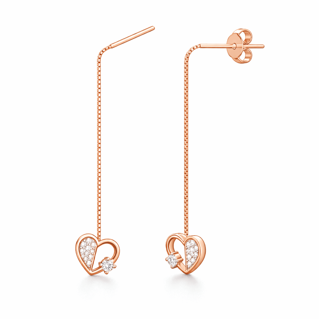 Rose Gold Tone Heart Threader Earrings with CZ Accent and Chain Drop