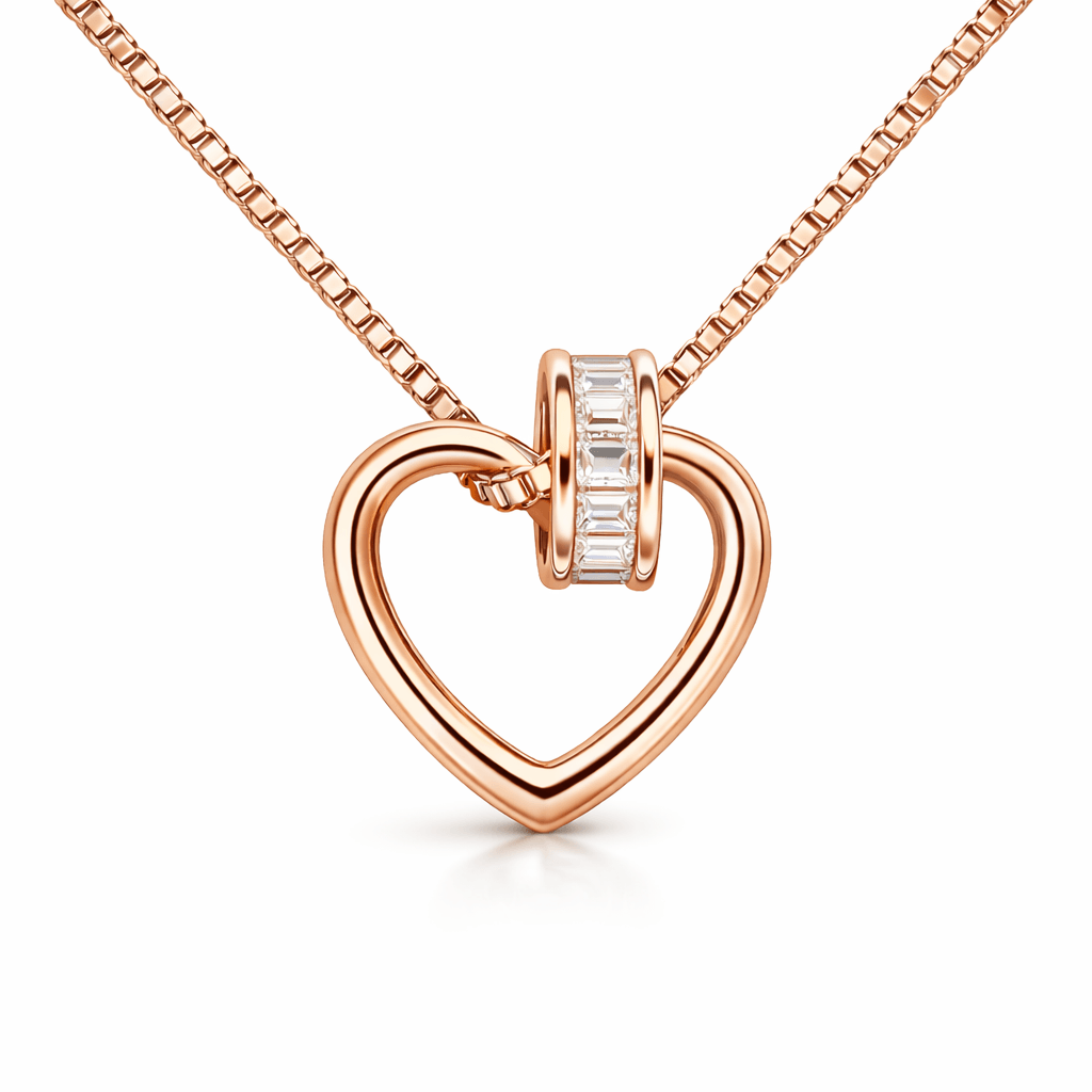 Rose Gold Tone Open Heart Pendant with Baguette Cut CZ Bail