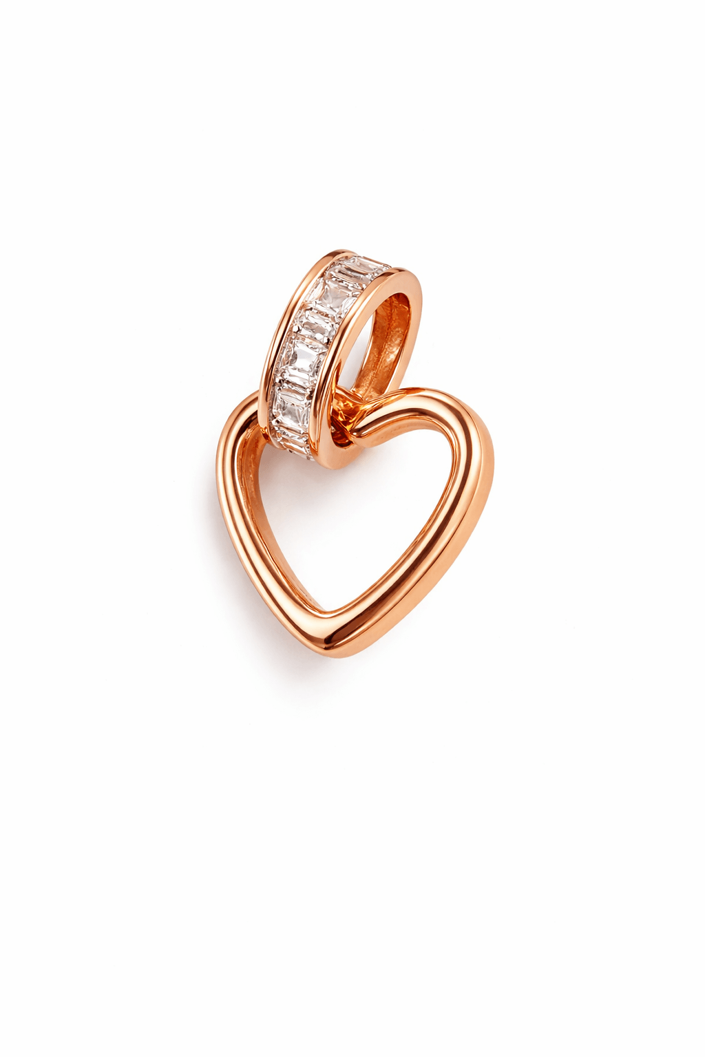 Rose Gold Tone Open Heart Pendant with Baguette Cut CZ Bail