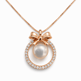 Rose Gold Tone Pearl Drop Pendant Necklace with CZ Halo Ring
