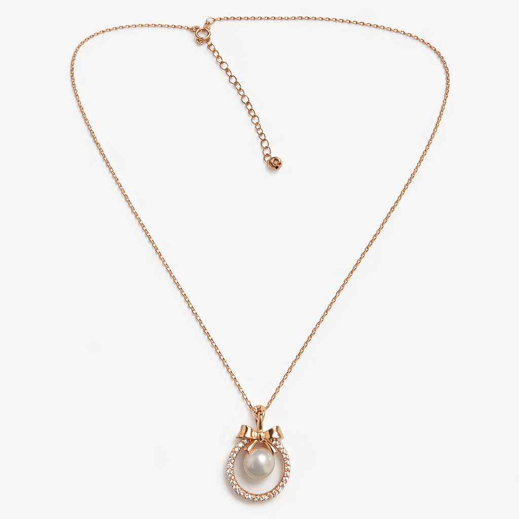 Rose Gold Tone Pearl Drop Pendant Necklace with CZ Halo Ring