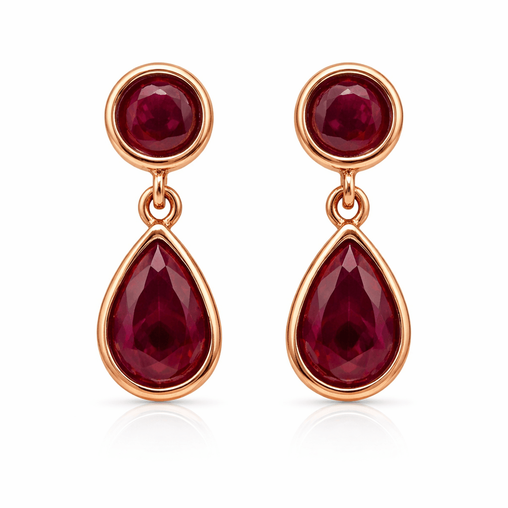 Rose Gold Tone Teardrop Drop Earrings with Ruby Red Stone Accent