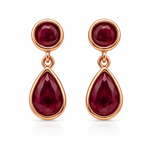 Rose Gold Tone Teardrop Drop Earrings with Ruby Red Stone Accent