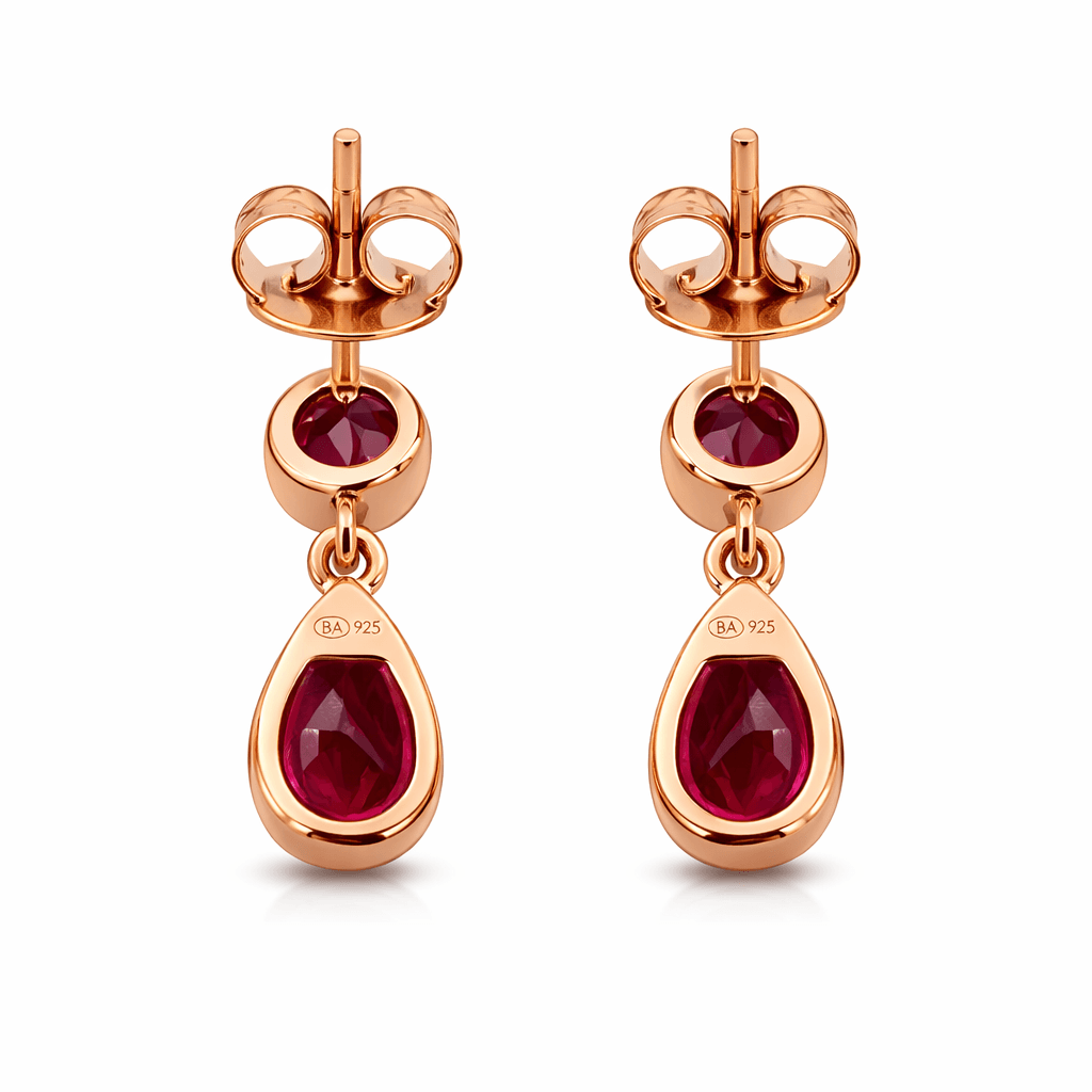 Rose Gold Tone Teardrop Drop Earrings with Ruby Red Stone Accent