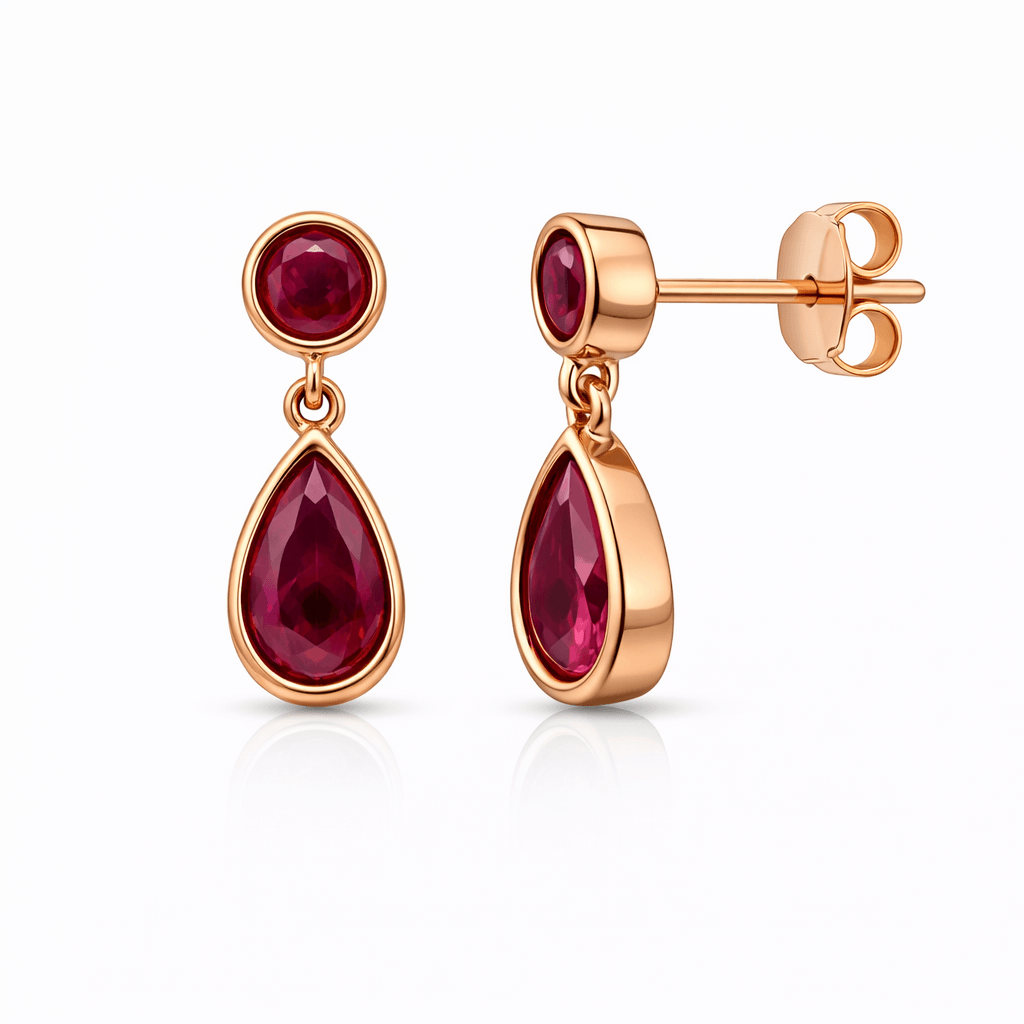 Rose Gold Tone Teardrop Drop Earrings with Ruby Red Stone Accent