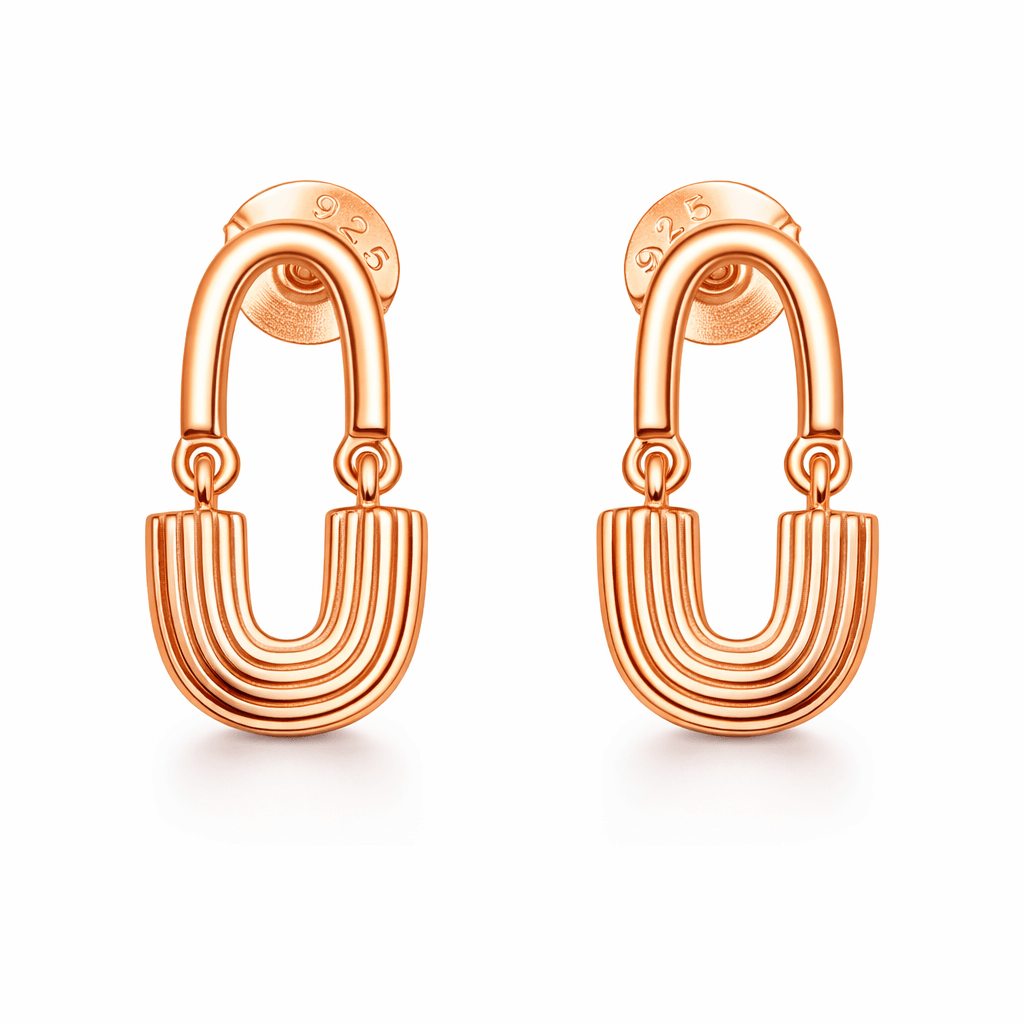 Rose Gold Tone U-Shaped Drop Earrings with Layered Arc Design